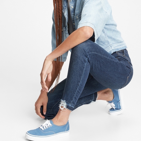 Gap True Skinny Sky High Ankle Jeans Hi Rise Raw Hem Frayed Stretchy Dark Wash - Picture 3 of 13